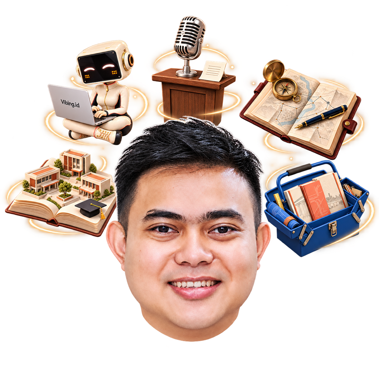 Vibing's founder with five miniature worlds for products, consulting, communications, learning, and resources